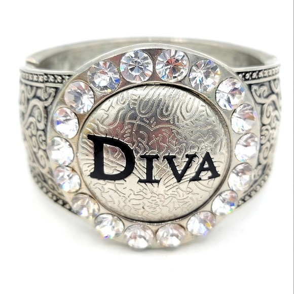 Diva Rhinestone Engraved Statement Wide Cuff Spring Bangle Bracelet - Picture 4 of 9